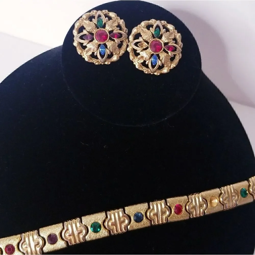 Vintage gold rhinestone panel link bracelet And Matching Earrings Set